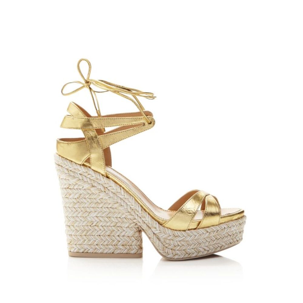 SERGIO ROSSI Womens Crash Gold Beige 4-1/2" Wedge Bilbao Platform Shoes 38.5 - Picture 3 of 3